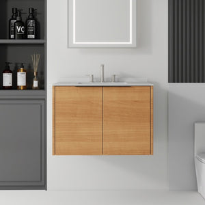 English Elm 30 Inch Wall Mounted Bathroom Vanity with Cultured Marble Top and Soft Close Door Oak Granite White - A B2775S00112