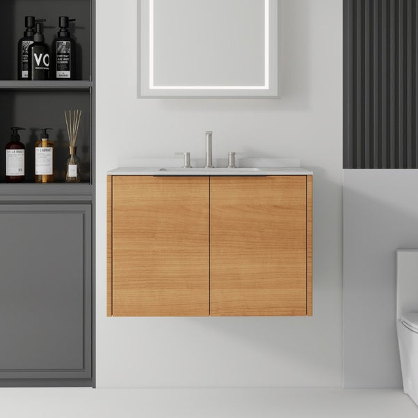 English Elm 30 Inch Wall Mounted Bathroom Vanity with Cultured Marble Top and Soft Close Door Oak Granite White - A B2775S00112