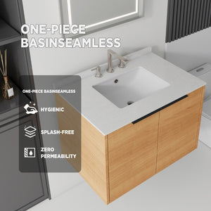 English Elm 30 Inch Wall Mounted Bathroom Vanity with Cultured Marble Top and Soft Close Door Oak Granite White - A B2775S00112