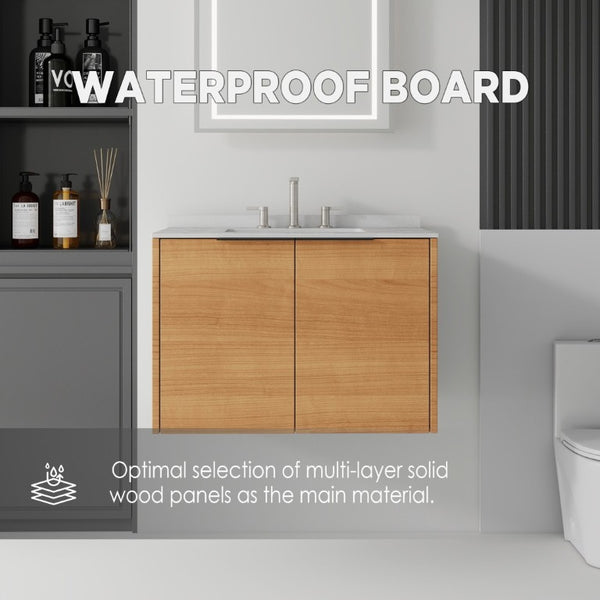 English Elm 30 Inch Wall Mounted Bathroom Vanity with Cultured Marble Top and Soft Close Door Oak Granite White - A B2775S00112