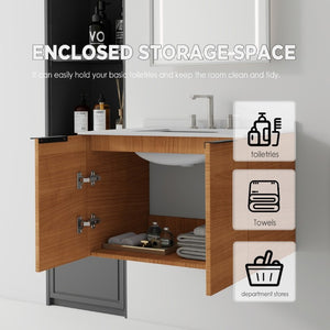 English Elm 30 Inch Wall Mounted Bathroom Vanity with Cultured Marble Top and Soft Close Door Oak Granite White - A B2775S00112