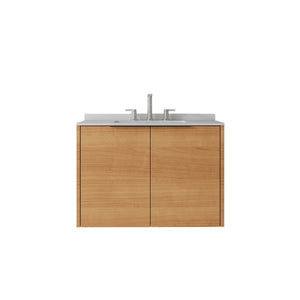 English Elm 30 Inch Wall Mounted Bathroom Vanity with Cultured Marble Top and Soft Close Door Oak Granite White - A B2775S00112