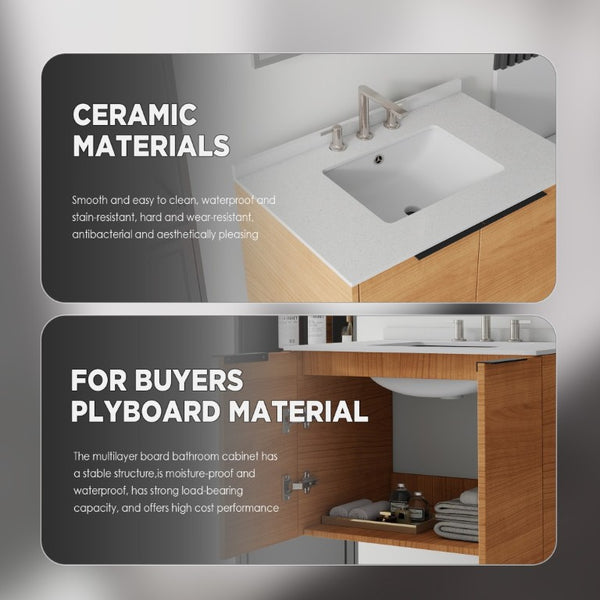 English Elm 30 Inch Wall Mounted Bathroom Vanity with Cultured Marble Top and Soft Close Door Oak Granite White - A B2775S00112