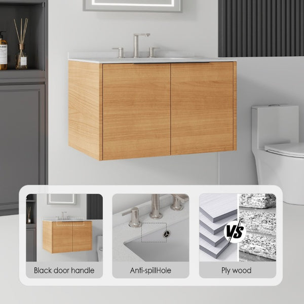 English Elm 30 Inch Wall Mounted Bathroom Vanity with Cultured Marble Top and Soft Close Door Oak Granite White - A B2775S00112