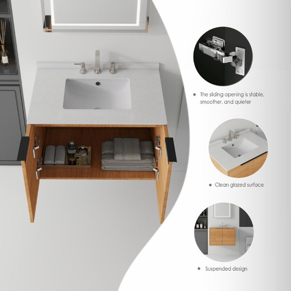 English Elm 30 Inch Wall Mounted Bathroom Vanity with Cultured Marble Top and Soft Close Door Oak Granite White - A B2775S00112