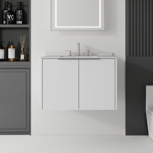 English Elm 30 Inch Wall Mounted Bathroom Vanity with Cultured Marble Top and Soft Close Door White Granite White B2775S00113