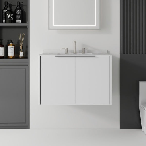 English Elm 30 Inch Wall Mounted Bathroom Vanity with Cultured Marble Top and Soft Close Door White Granite White B2775S00113