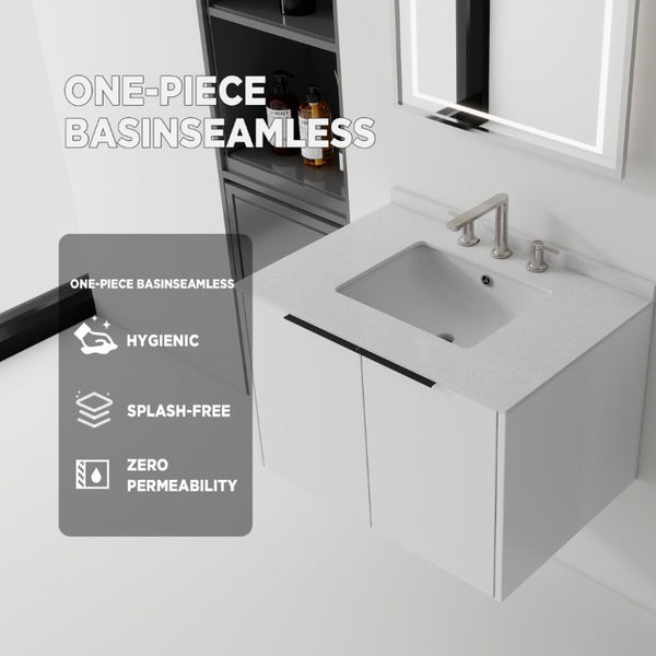 English Elm 30 Inch Wall Mounted Bathroom Vanity with Cultured Marble Top and Soft Close Door White Granite White B2775S00113
