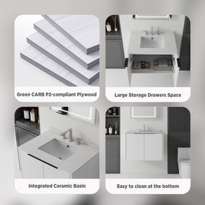 English Elm 30 Inch Wall Mounted Bathroom Vanity with Cultured Marble Top and Soft Close Door White Granite White B2775S00113