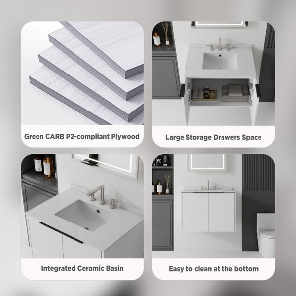 English Elm 30 Inch Wall Mounted Bathroom Vanity with Cultured Marble Top and Soft Close Door White Granite White B2775S00113