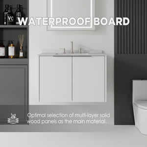 English Elm 30 Inch Wall Mounted Bathroom Vanity with Cultured Marble Top and Soft Close Door White Granite White B2775S00113