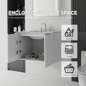 English Elm 30 Inch Wall Mounted Bathroom Vanity with Cultured Marble Top and Soft Close Door White Granite White B2775S00113