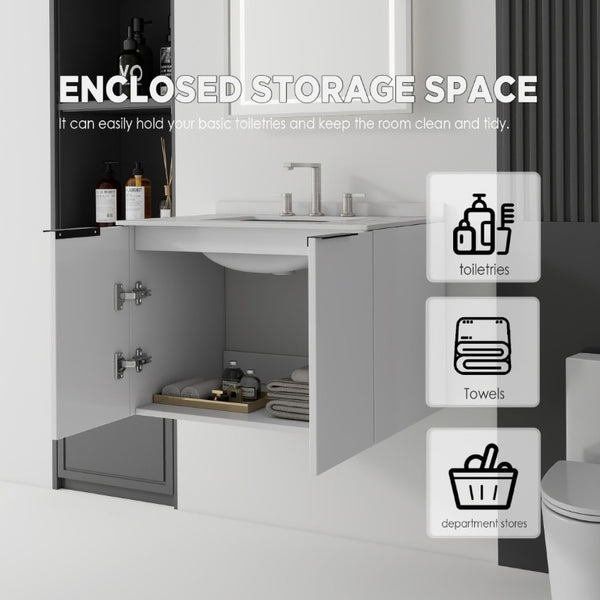 English Elm 30 Inch Wall Mounted Bathroom Vanity with Cultured Marble Top and Soft Close Door White Granite White B2775S00113