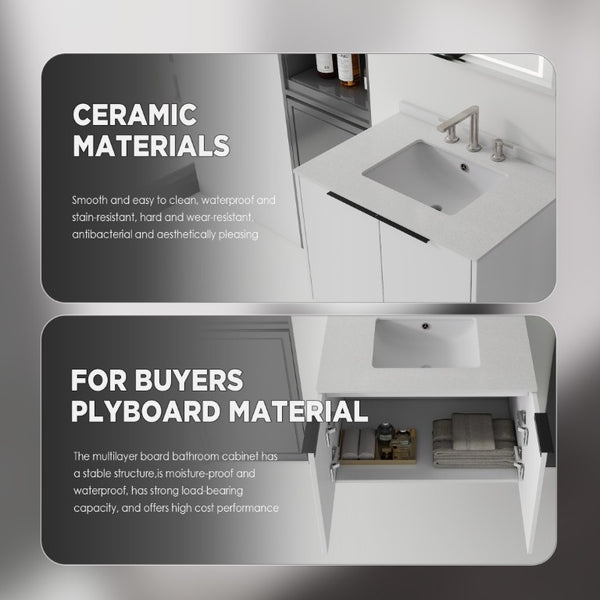 English Elm 30 Inch Wall Mounted Bathroom Vanity with Cultured Marble Top and Soft Close Door White Granite White B2775S00113