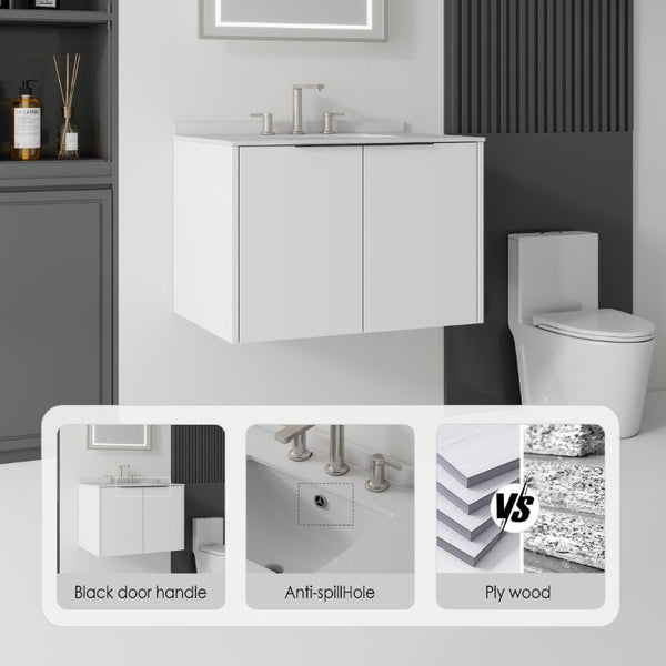 English Elm 30 Inch Wall Mounted Bathroom Vanity with Cultured Marble Top and Soft Close Door White Granite White B2775S00113