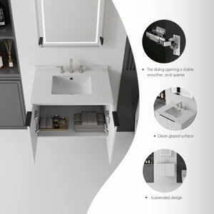 English Elm 30 Inch Wall Mounted Bathroom Vanity with Cultured Marble Top and Soft Close Door White Granite White B2775S00113