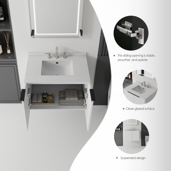 English Elm 30 Inch Wall Mounted Bathroom Vanity with Cultured Marble Top and Soft Close Door White Granite White B2775S00113