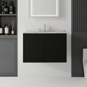 English Elm 30 Inch Wall Mounted Bathroom Vanity with Cultured Marble Top and Soft Close Door Black Granite White B2775S00114