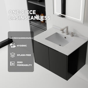English Elm 30 Inch Wall Mounted Bathroom Vanity with Cultured Marble Top and Soft Close Door Black Granite White B2775S00114