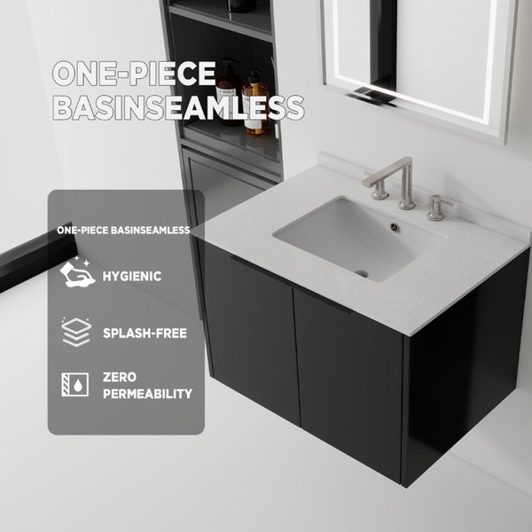 English Elm 30 Inch Wall Mounted Bathroom Vanity with Cultured Marble Top and Soft Close Door Black Granite White B2775S00114