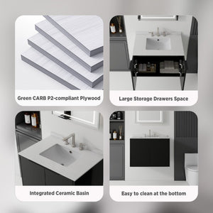 English Elm 30 Inch Wall Mounted Bathroom Vanity with Cultured Marble Top and Soft Close Door Black Granite White B2775S00114