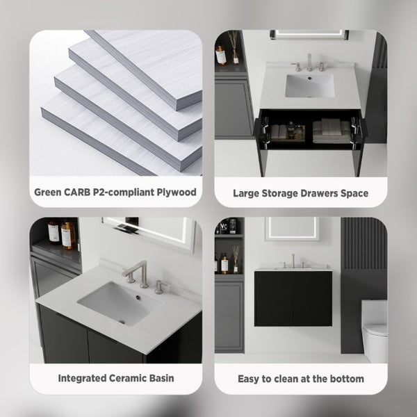 English Elm 30 Inch Wall Mounted Bathroom Vanity with Cultured Marble Top and Soft Close Door Black Granite White B2775S00114
