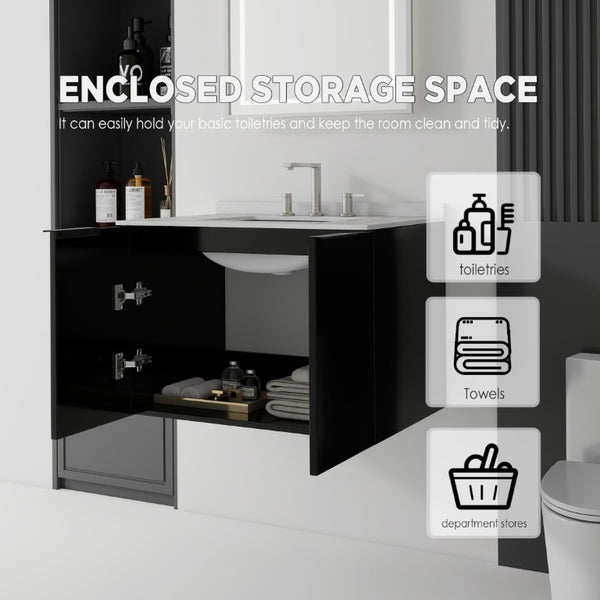 English Elm 30 Inch Wall Mounted Bathroom Vanity with Cultured Marble Top and Soft Close Door Black Granite White B2775S00114