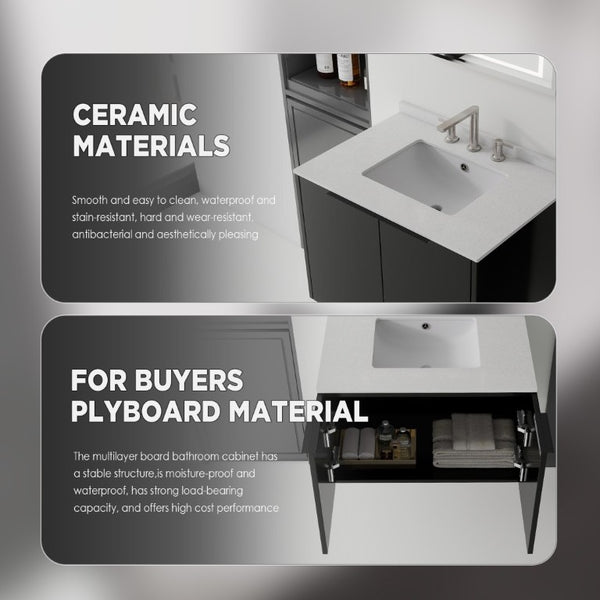English Elm 30 Inch Wall Mounted Bathroom Vanity with Cultured Marble Top and Soft Close Door Black Granite White B2775S00114