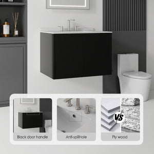 English Elm 30 Inch Wall Mounted Bathroom Vanity with Cultured Marble Top and Soft Close Door Black Granite White B2775S00114