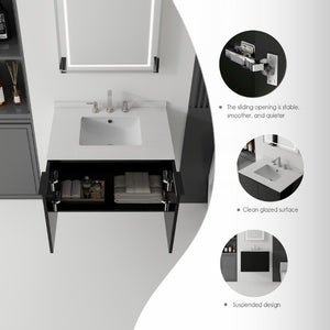 English Elm 30 Inch Wall Mounted Bathroom Vanity with Cultured Marble Top and Soft Close Door Black Granite White B2775S00114