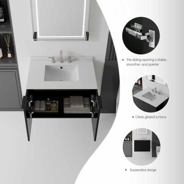 English Elm 30 Inch Wall Mounted Bathroom Vanity with Cultured Marble Top and Soft Close Door Black Granite White B2775S00114