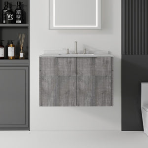 English Elm 30 Inch Wall Mounted Bathroom Vanity with Cultured Marble Top and Soft Close Door Grey Granite White - B B2775S00115