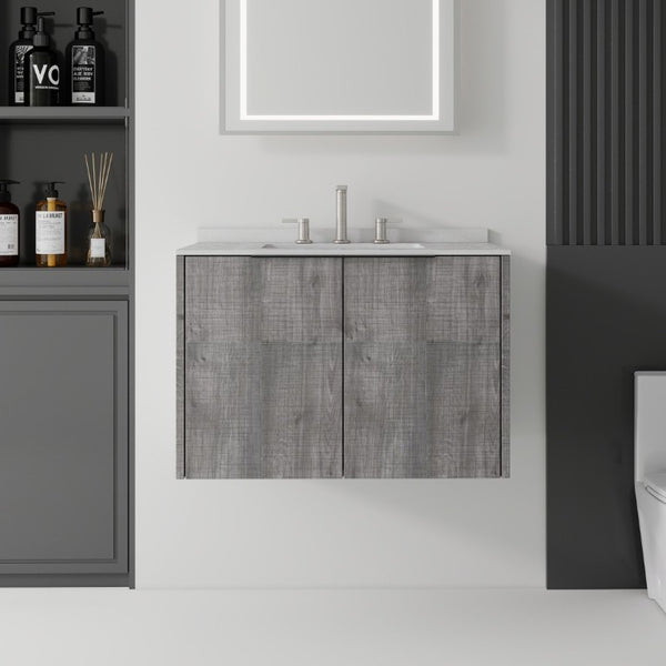 English Elm 30 Inch Wall Mounted Bathroom Vanity with Cultured Marble Top and Soft Close Door Grey Granite White - B B2775S00115