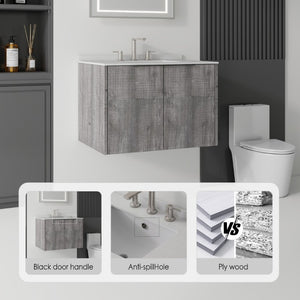 English Elm 30 Inch Wall Mounted Bathroom Vanity with Cultured Marble Top and Soft Close Door Grey Granite White - B B2775S00115