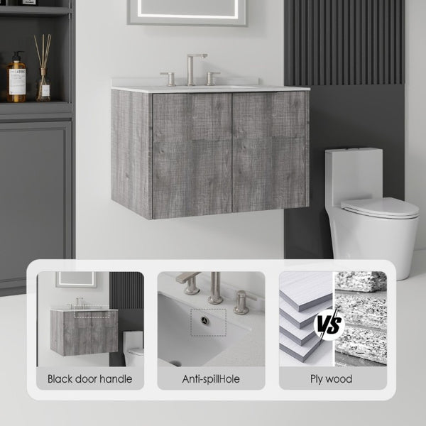 English Elm 30 Inch Wall Mounted Bathroom Vanity with Cultured Marble Top and Soft Close Door Grey Granite White - B B2775S00115