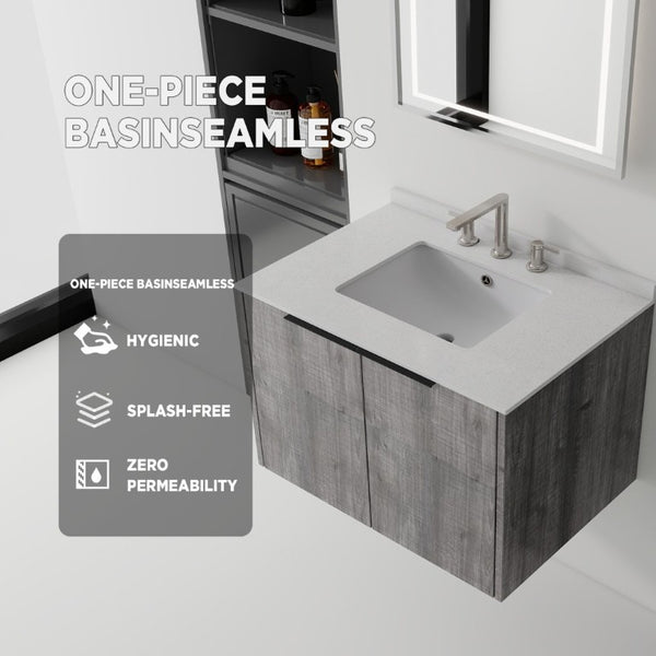 English Elm 30 Inch Wall Mounted Bathroom Vanity with Cultured Marble Top and Soft Close Door Grey Granite White - B B2775S00115