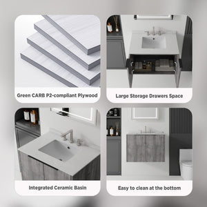 English Elm 30 Inch Wall Mounted Bathroom Vanity with Cultured Marble Top and Soft Close Door Grey Granite White - B B2775S00115