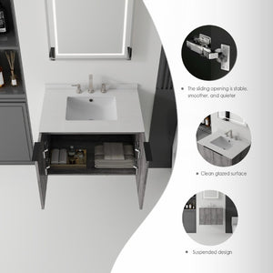 English Elm 30 Inch Wall Mounted Bathroom Vanity with Cultured Marble Top and Soft Close Door Grey Granite White - B B2775S00115