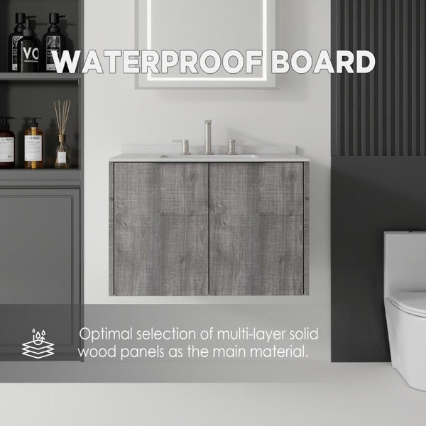 English Elm 30 Inch Wall Mounted Bathroom Vanity with Cultured Marble Top and Soft Close Door Grey Granite White - B B2775S00115