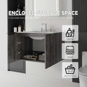 English Elm 30 Inch Wall Mounted Bathroom Vanity with Cultured Marble Top and Soft Close Door Grey Granite White - B B2775S00115