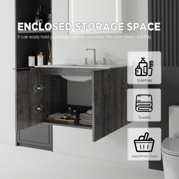 English Elm 30 Inch Wall Mounted Bathroom Vanity with Cultured Marble Top and Soft Close Door Grey Granite White - B B2775S00115