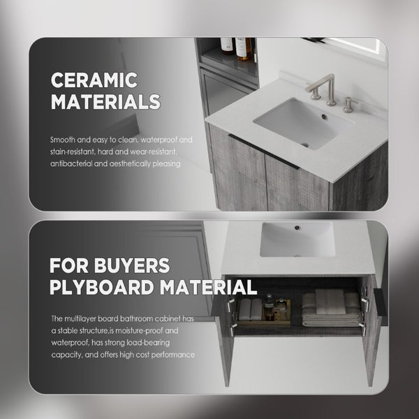 English Elm 30 Inch Wall Mounted Bathroom Vanity with Cultured Marble Top and Soft Close Door Grey Granite White - B B2775S00115