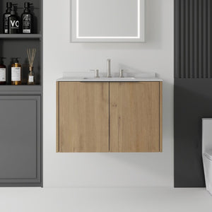 English Elm 30 Inch Wall Mounted Bathroom Vanity with Cultured Marble Top and Soft Close Door Oak Granite White - B B2775S00116