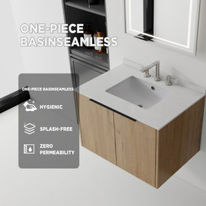 English Elm 30 Inch Wall Mounted Bathroom Vanity with Cultured Marble Top and Soft Close Door Oak Granite White - B B2775S00116