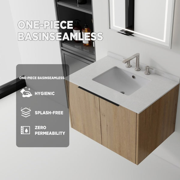 English Elm 30 Inch Wall Mounted Bathroom Vanity with Cultured Marble Top and Soft Close Door Oak Granite White - B B2775S00116