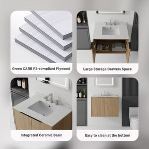English Elm 30 Inch Wall Mounted Bathroom Vanity with Cultured Marble Top and Soft Close Door Oak Granite White - B B2775S00116