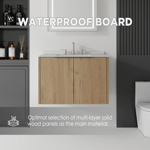 English Elm 30 Inch Wall Mounted Bathroom Vanity with Cultured Marble Top and Soft Close Door Oak Granite White - B B2775S00116