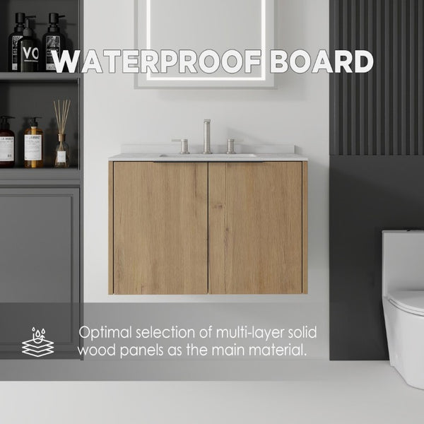 English Elm 30 Inch Wall Mounted Bathroom Vanity with Cultured Marble Top and Soft Close Door Oak Granite White - B B2775S00116
