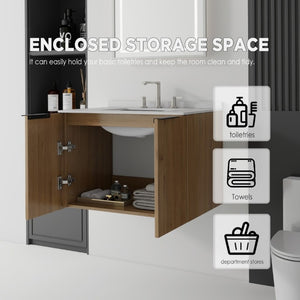 English Elm 30 Inch Wall Mounted Bathroom Vanity with Cultured Marble Top and Soft Close Door Oak Granite White - B B2775S00116