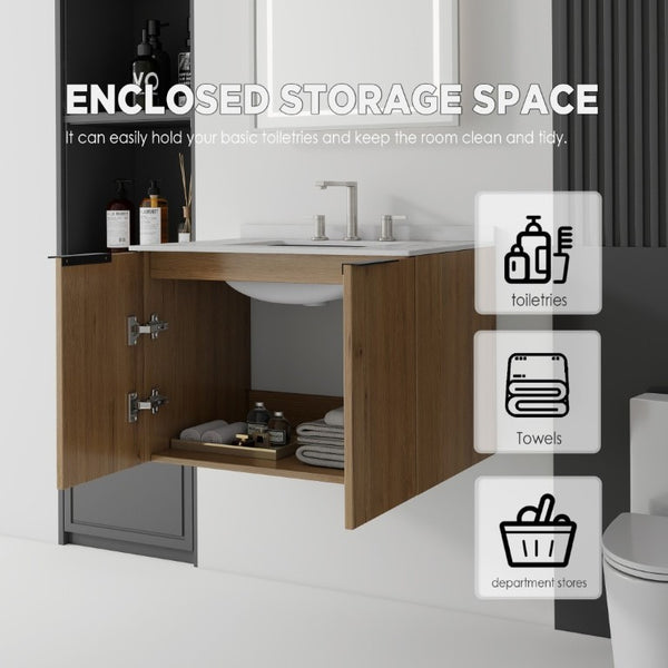 English Elm 30 Inch Wall Mounted Bathroom Vanity with Cultured Marble Top and Soft Close Door Oak Granite White - B B2775S00116
